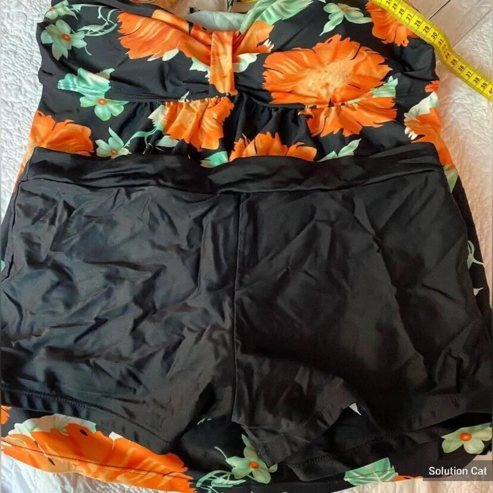 Bathing Suit Women’s Large Tankini Maternity Orange Black Floral